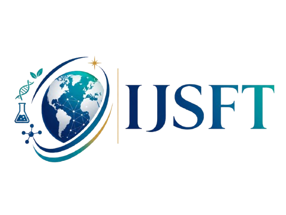 Logo for the academic journal "IJSFT." On the left, a stylized globe showing the Americas features a digital network constellation superimposed on its surface. The globe is encircled by sweeping, crescent-shaped orbital lines adorned with small science and nature icons: a pair of leaves, a DNA double helix, a laboratory flask, and a molecular structure, topped with a shining four-pointed star. On the right, a vertical dividing line separates the emblem from the large, elegant serif letters "IJSFT," which feature a gradient fading from deep navy blue to teal.